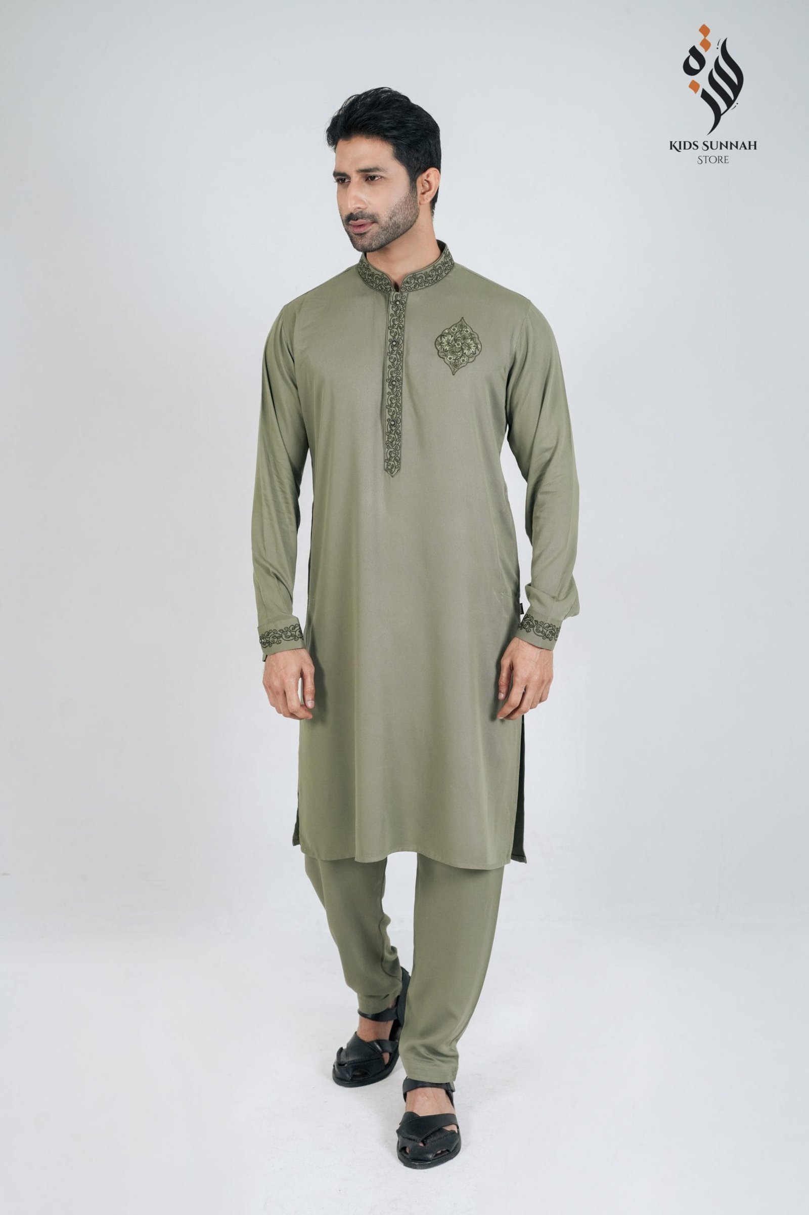 Mens-Gorgeous-Royal-Olive-Essence-1-scaled-1.jpeg Men’s Gorgeous Royal Olive Essence Panjabi Set - Image 1
